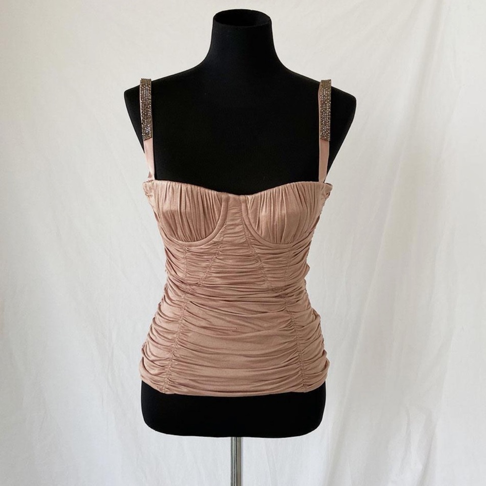 DOLCE GABBANA nude silk crystal strap ruched corset bustier